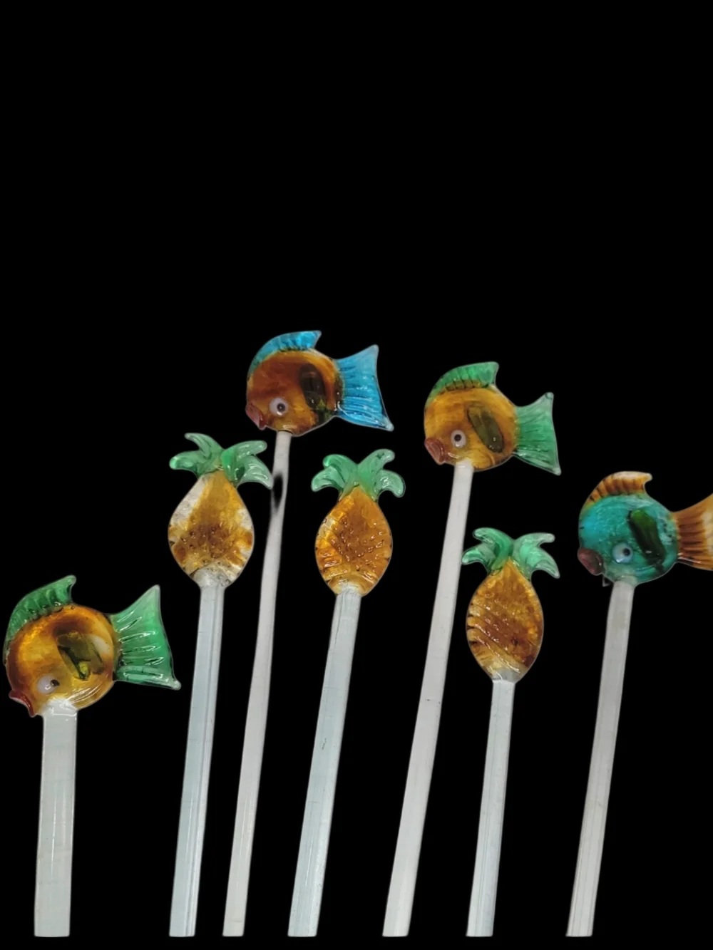 Vintage Tropical Handblown Glass Fish & Pinapple Cocktail Swizzle Stirrers